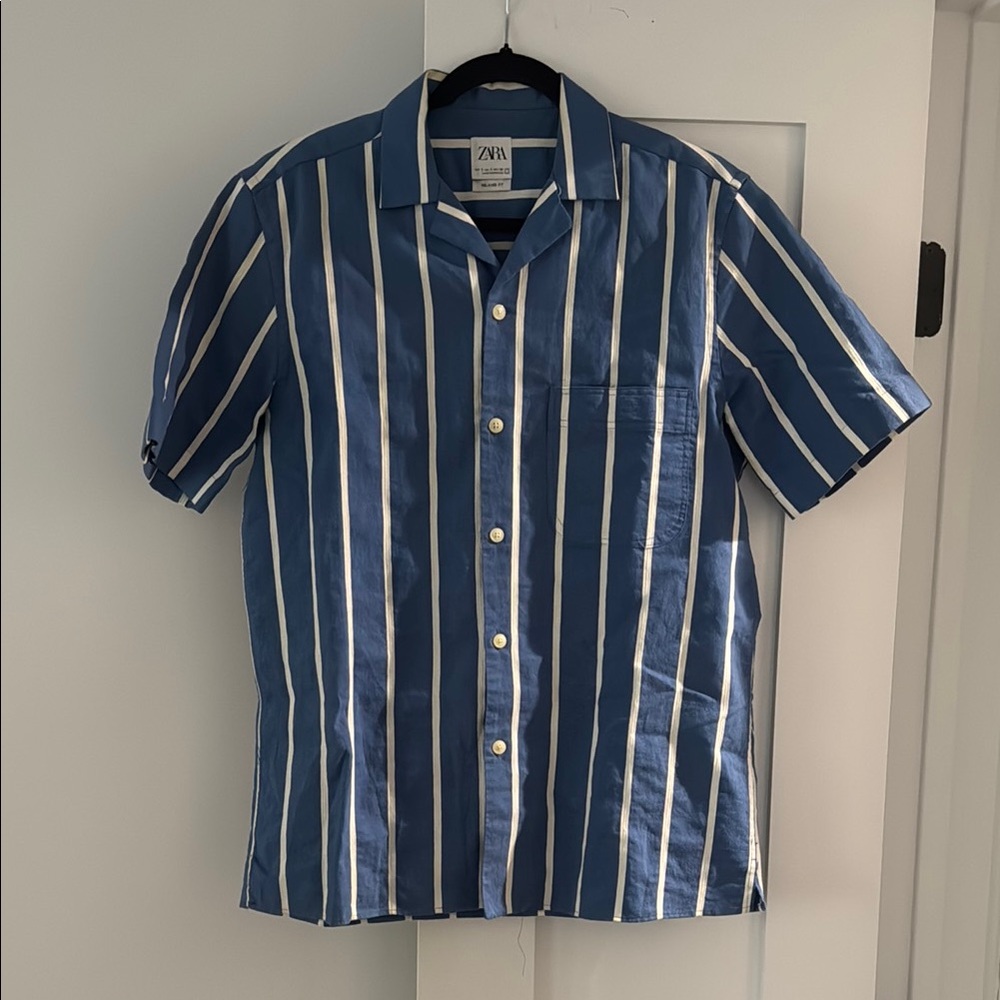 Zara Men's Casual Blue and White Striped Shirt